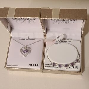 Silver Simulated Amethyst Heart Necklace and Bracelet Set